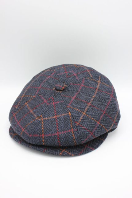 Șapcă englezească Newsboy din lână 100%, model heringbone bleumarin cu dungi colorate